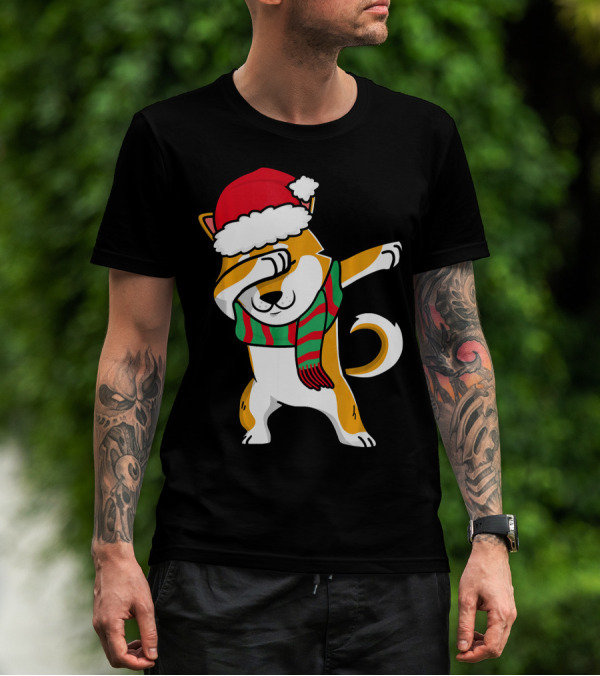 Dabbing Shiba Dog Christmas Santa Hat Scarf T-Shirt