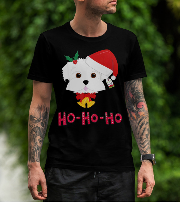 Maltese Dog In Santa Hat With Holly And Ho-Ho-Ho Text T-Shirt