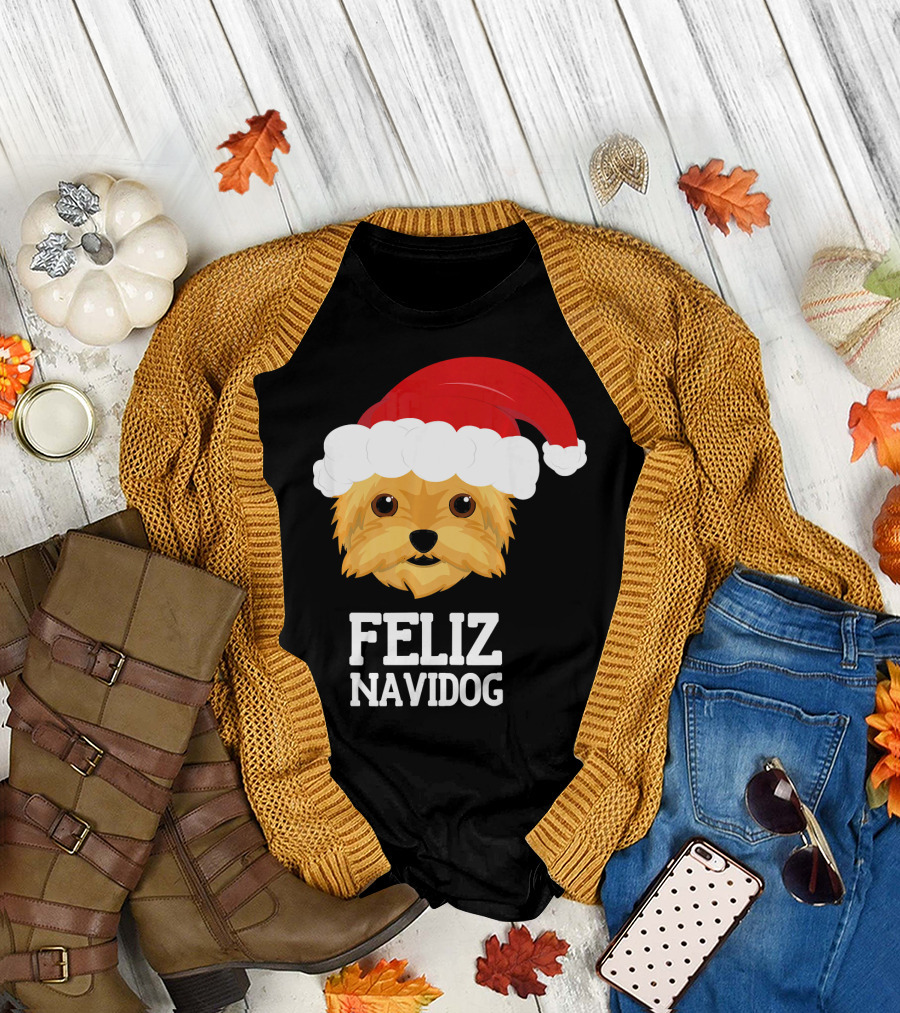 Feliz Navidog Merry Christmas Yorksh Dog Santa Hat T-Shirt