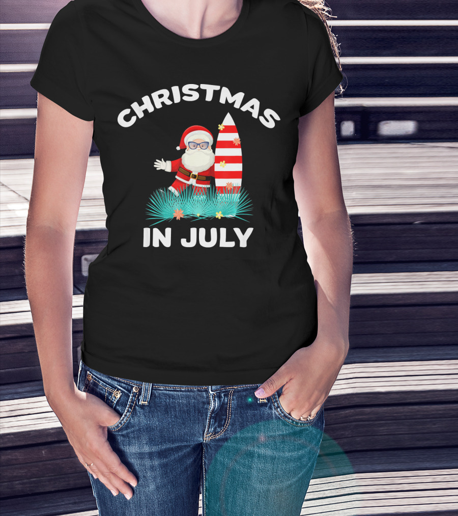 Christmas In July Santa Surfing With Hawaiian Flair T-Shirt