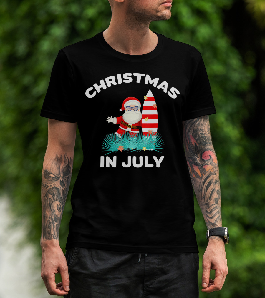 Christmas In July Santa Surfing With Hawaiian Flair T-Shirt