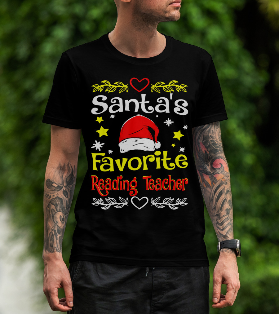 Santa's Favorite Reading Teacher Christmas Hat And Stars T-Shirt