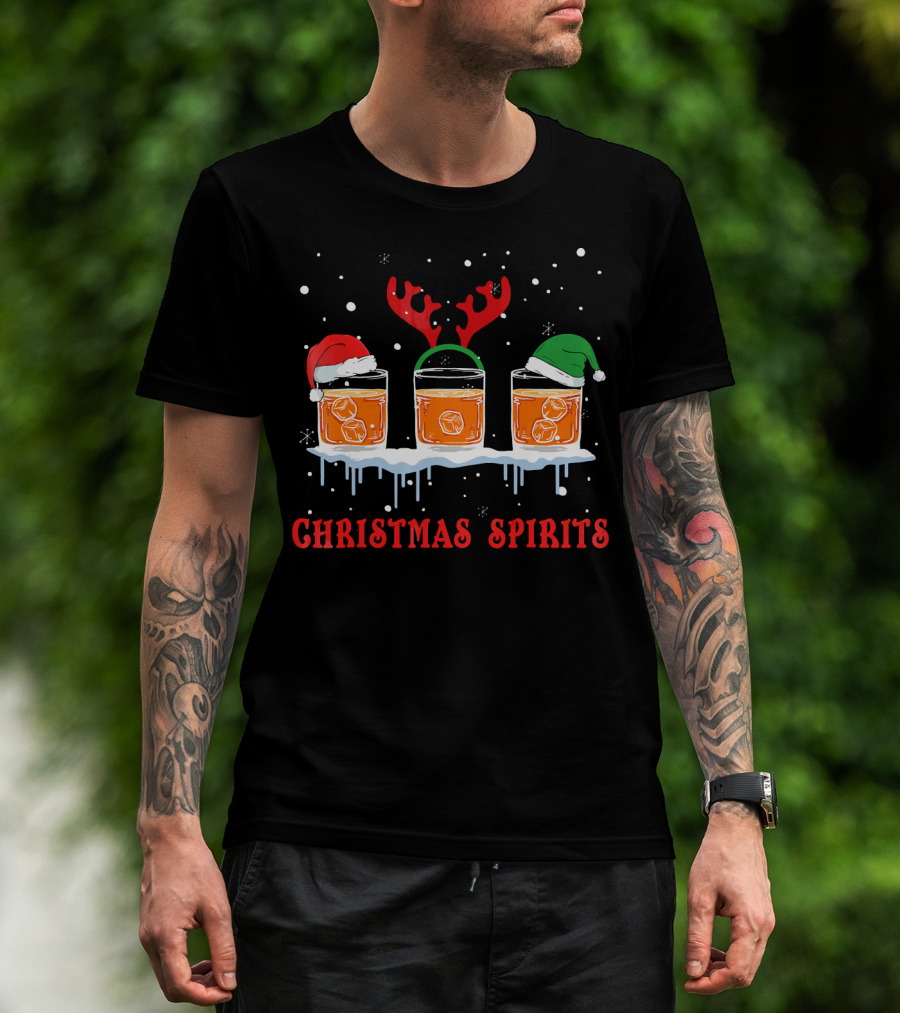 Christmas Spirits Bourbon Scotch Whiskey Santa Hat Reindeer Antlers Elf Hat T-Shirt