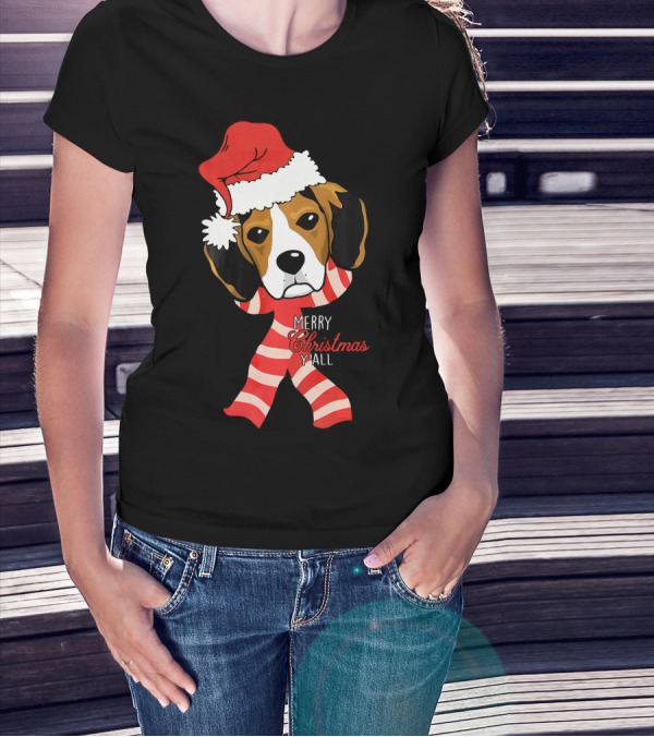 Merry Christmas Y'all Beagle Dog In Santa Hat And Striped Pajamas T-Shirt