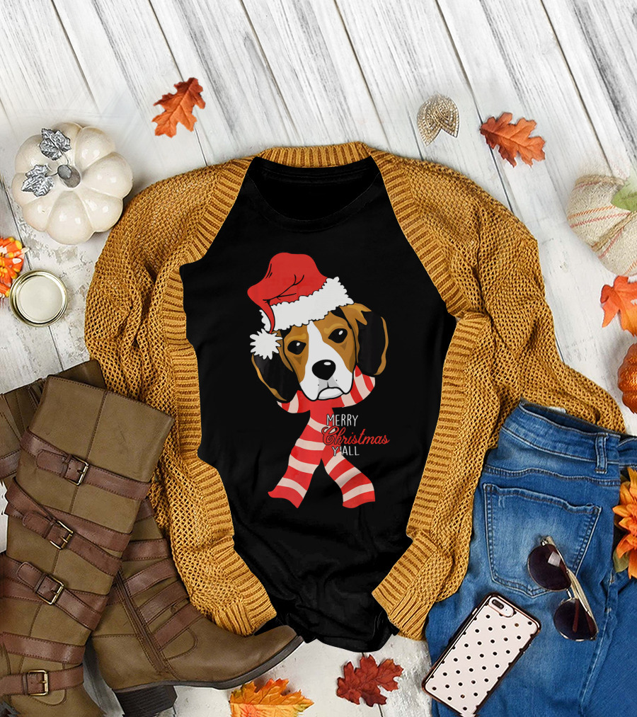 Merry Christmas Y'all Beagle Dog in Santa Hat and Striped Pajamas T-Shirt