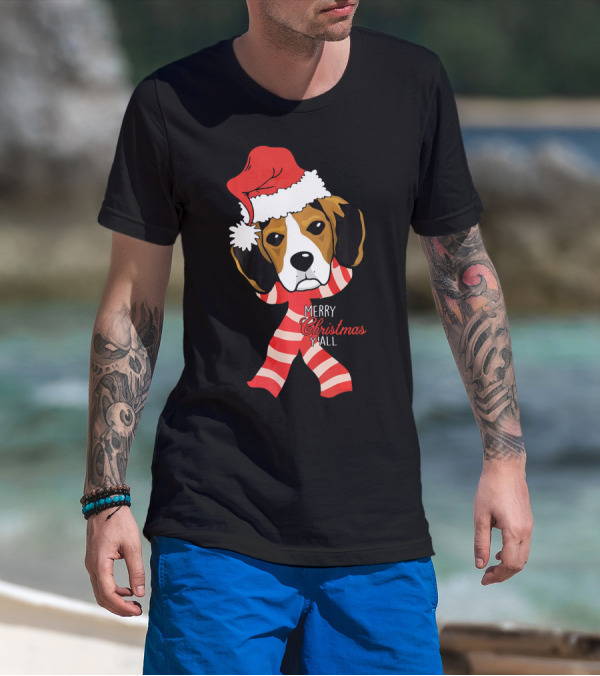 Merry Christmas Y'all Beagle Dog In Santa Hat And Striped Pajamas T-Shirt