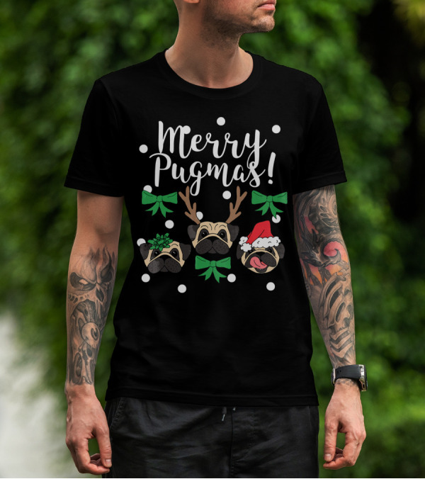Merry Pugmas Pug Dogs With Christmas Antlers Santa Hat Bows And Snowflakes T-Shirt