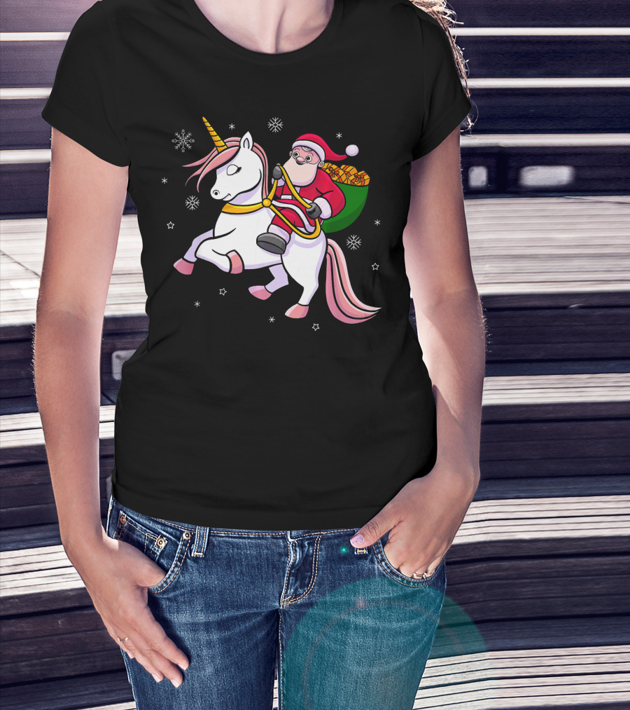 Santa Riding Unicorn With Presents For Cute Girls T-Shirt