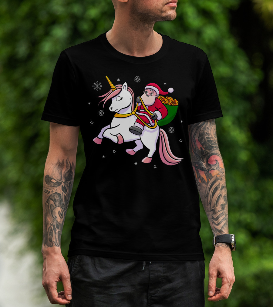 Santa Riding Unicorn With Presents For Cute Girls T-Shirt