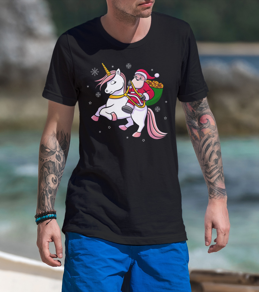 Santa Riding Unicorn With Presents For Cute Girls T-Shirt