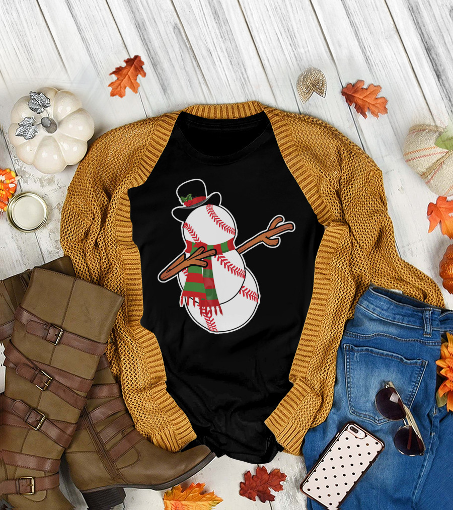 Dabbing Baseball Snowman in Top Hat with Festive Scarf T-Shirt