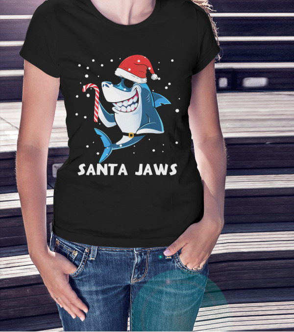 Santa Jaws White Shark Christmas Shark Candy Cane Santa Hat T-Shirt