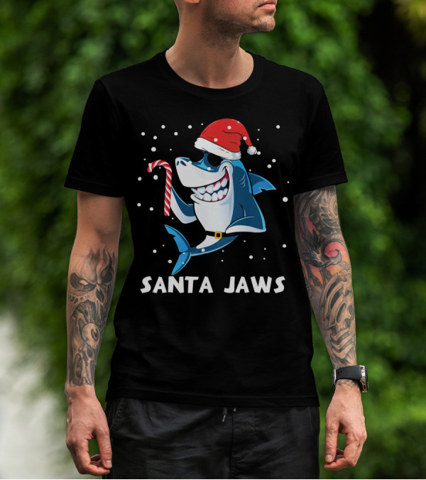 Santa Jaws White Shark Christmas Shark Candy Cane Santa Hat T-Shirt