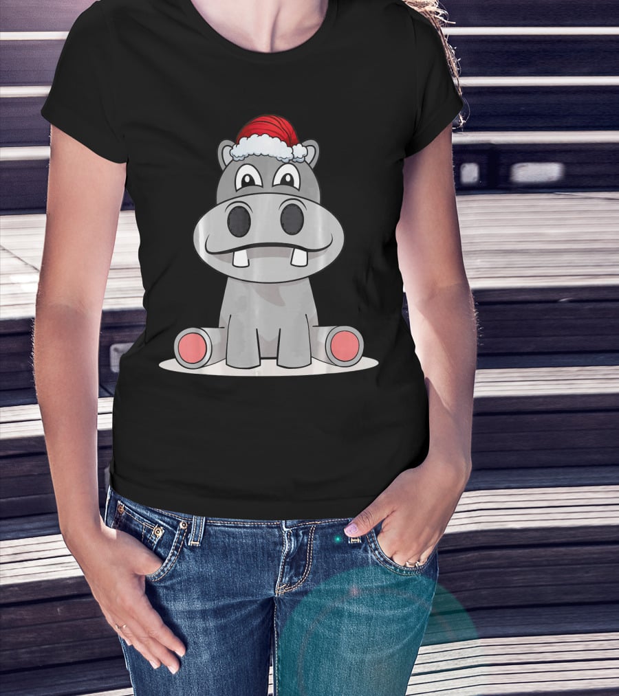Hippopotamus Christmas Happy Hippo Santa Hat T-Shirt
