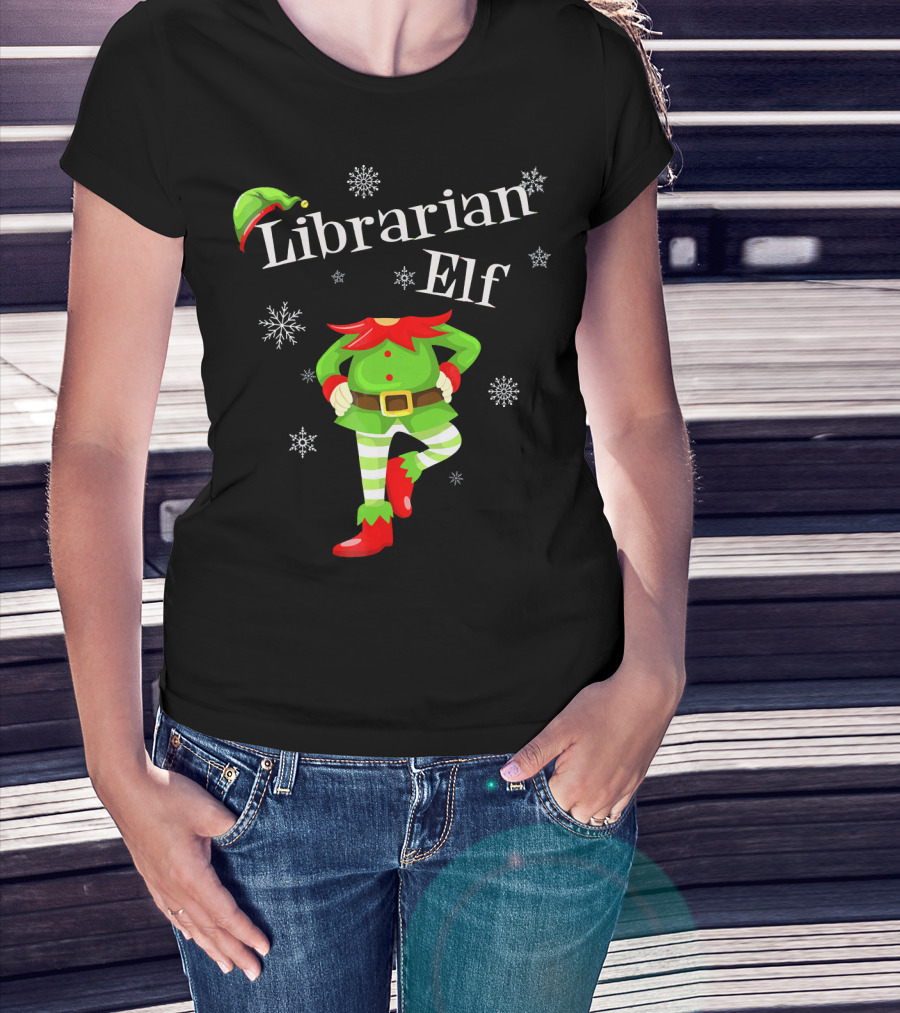 Librarian Elf In Green Outfit With Snowflakes And Red Hat T-Shirt