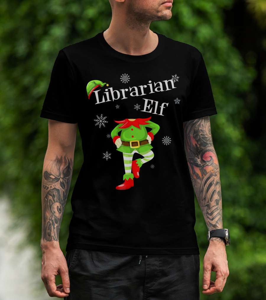 Librarian Elf In Green Outfit With Snowflakes And Red Hat T-Shirt