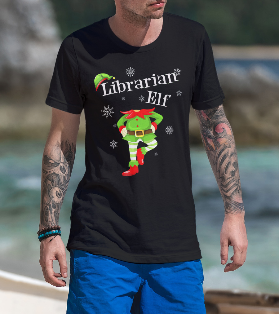 Librarian Elf In Green Outfit With Snowflakes And Red Hat T-Shirt
