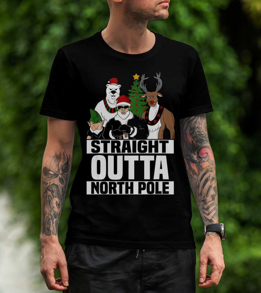 Straight Outta North Pole Christmas Characters Polar Bear Elf Reindeer T-Shirt