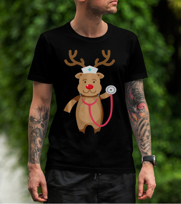 Nurse Reindeer With Stethoscope And Hat T-Shirt