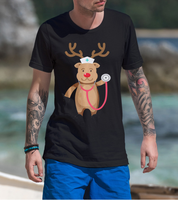 Nurse Reindeer With Stethoscope And Hat T-Shirt
