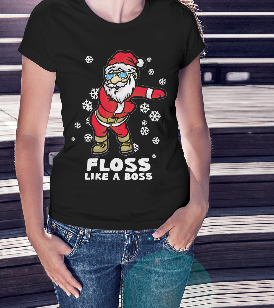 Floss Like A Boss Funny Dancing Santa Christmas Snowflakes T-Shirt