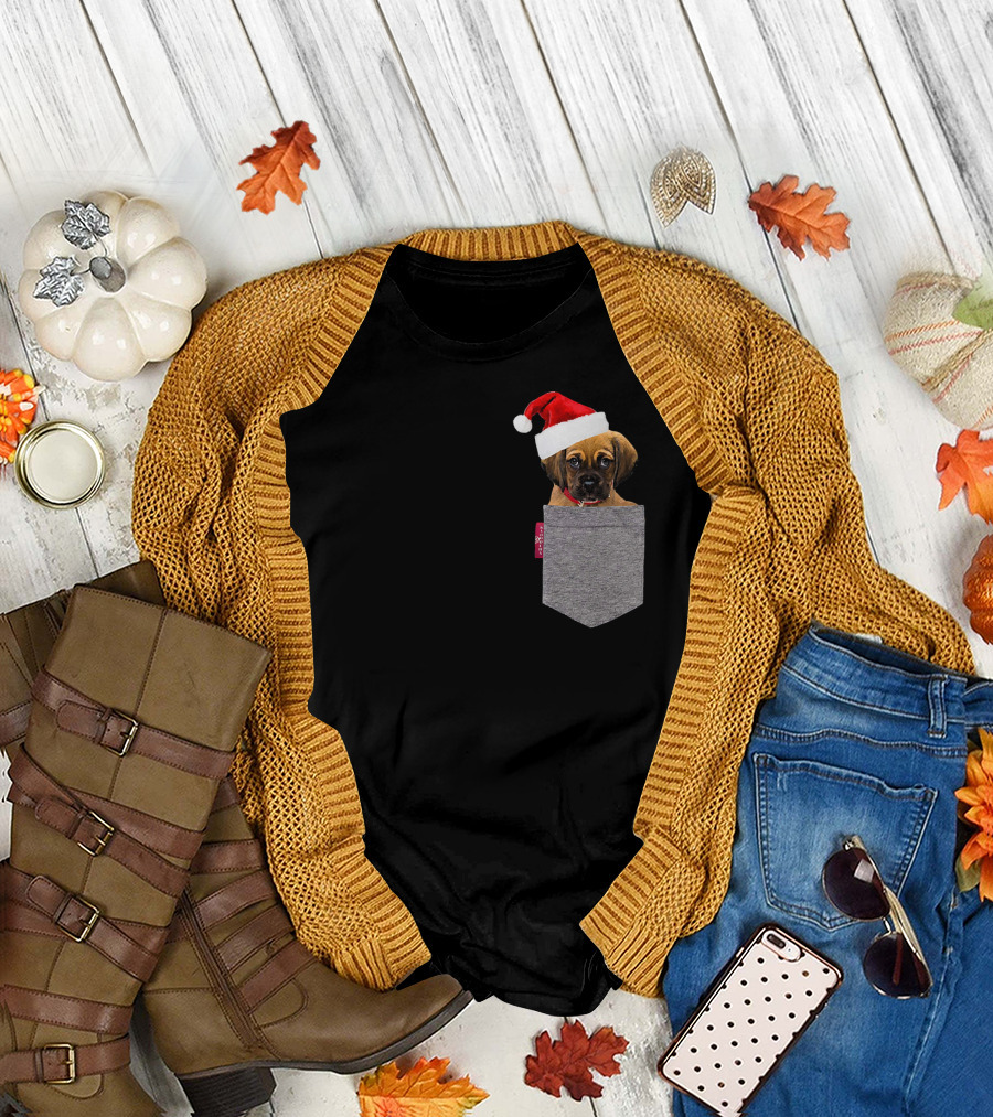 Puggle Puppy with Santa Hat in Gray Pocket Cute Beagle Pug T-Shirt