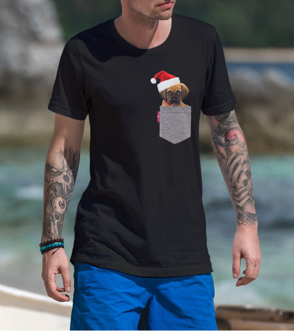 Puggle Puppy With Santa Hat In Gray Pocket Cute Beagle Pug T-Shirt