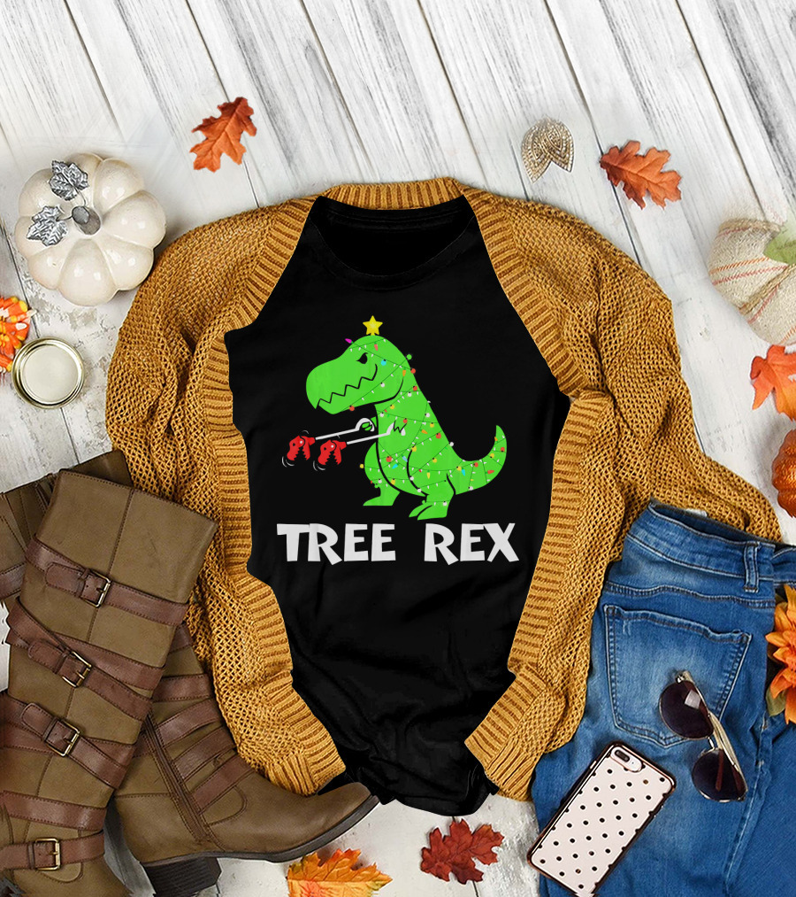 Tree Rex Funny Christmas Dinos Wrapped in Lights T-Shirt