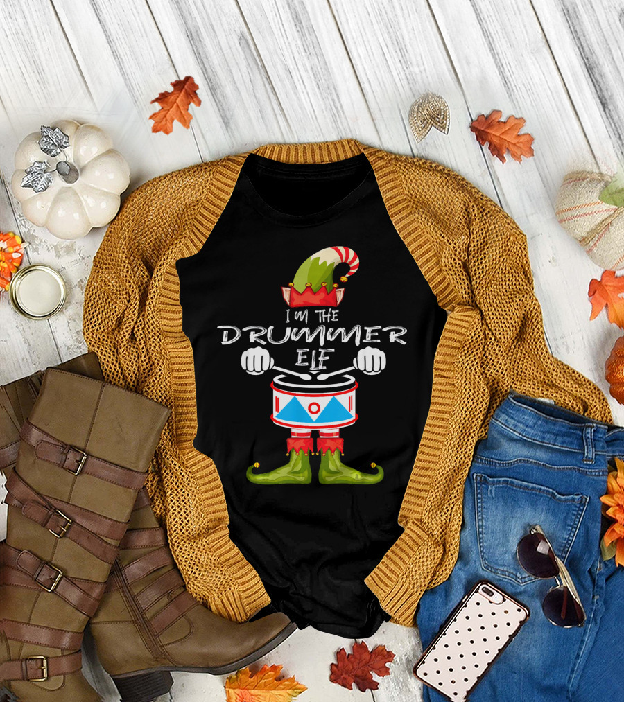 I'M THE DRUMMER ELF Christmas Hat Striped Candy Cane Elf Boots Drumsticks T-Shirt
