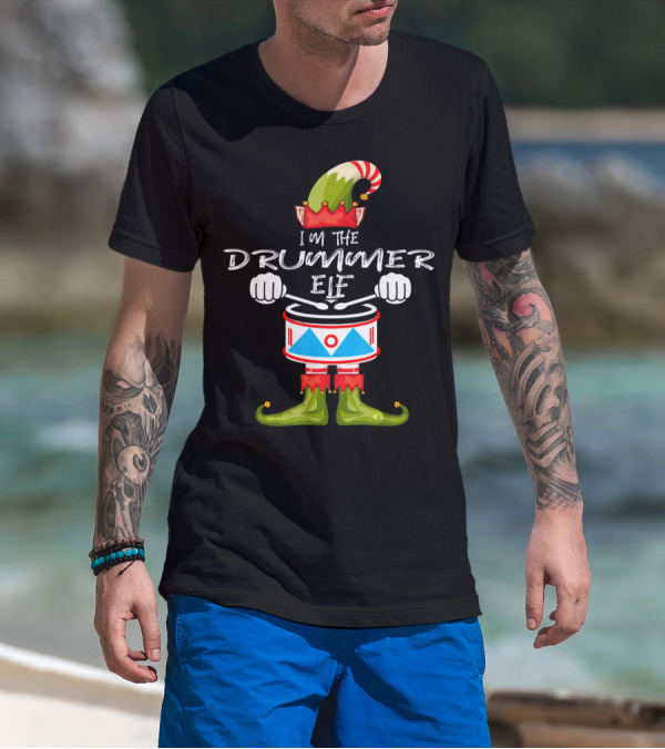 I'M THE DRUMMER ELF Christmas Hat Striped Candy Cane Elf Boots Drumsticks T-Shirt