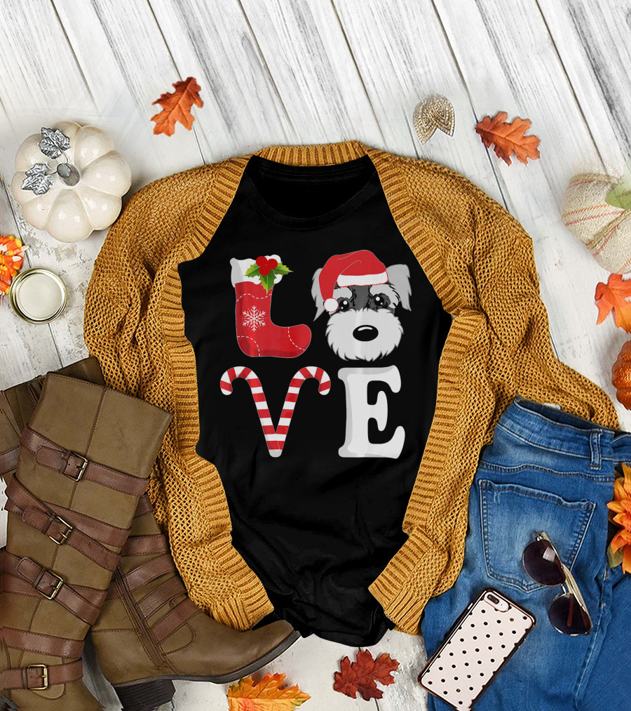 LOVE Miniature Schnauzer Santa Christmas Candy Cane T-Shirt
