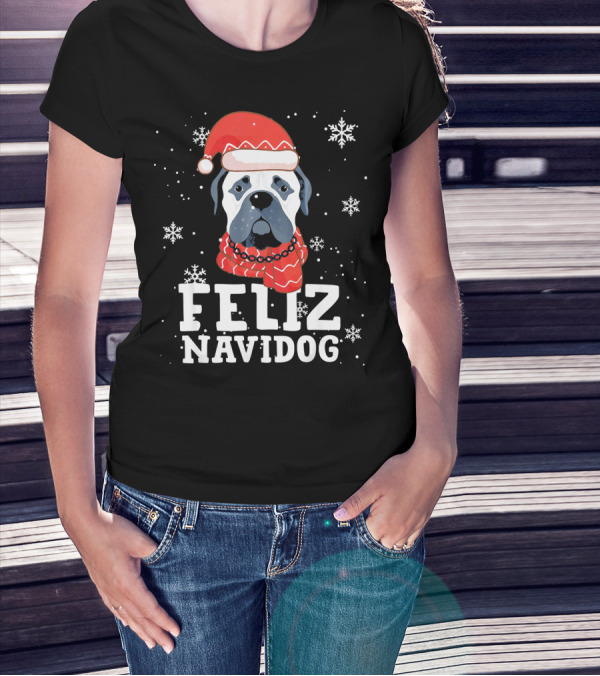 Feliz Navidog Bullmastiff Dog Christmas Santa Hat Snowflakes T-Shirt