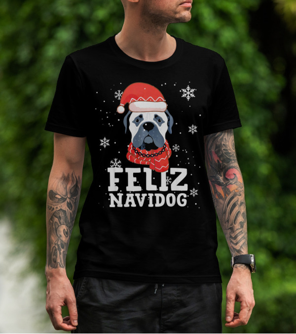 Feliz Navidog Bullmastiff Dog Christmas Santa Hat Snowflakes T-Shirt