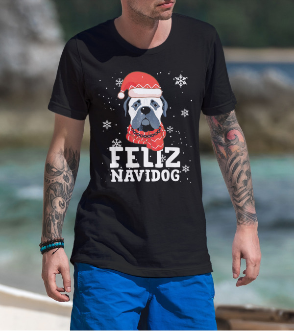Feliz Navidog Bullmastiff Dog Christmas Santa Hat Snowflakes T-Shirt
