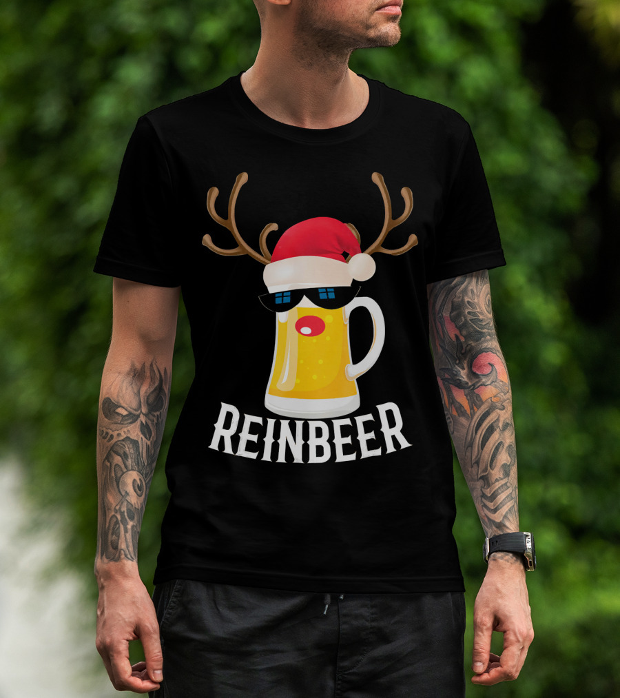 Reindeer Beer Christmas Funny Drinking Reinbeer Santa Hat T-Shirt
