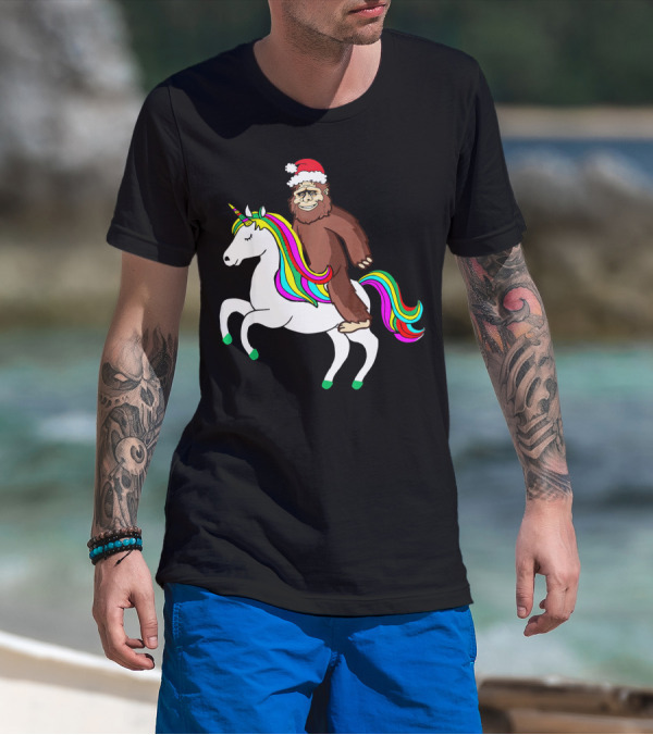 Bigfool Riding Unicorn With Santa Hat Rainbow Mane T-Shirt