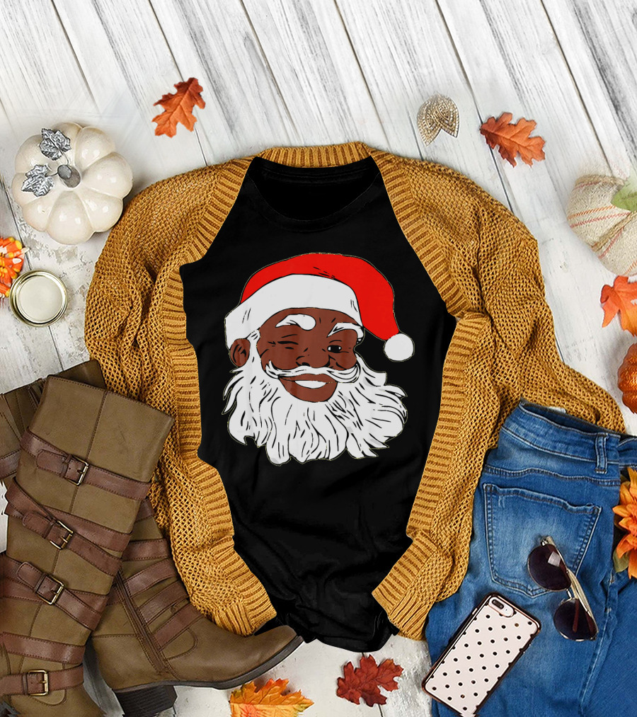 Black Santa Claus Winking in Red Hat T-Shirt