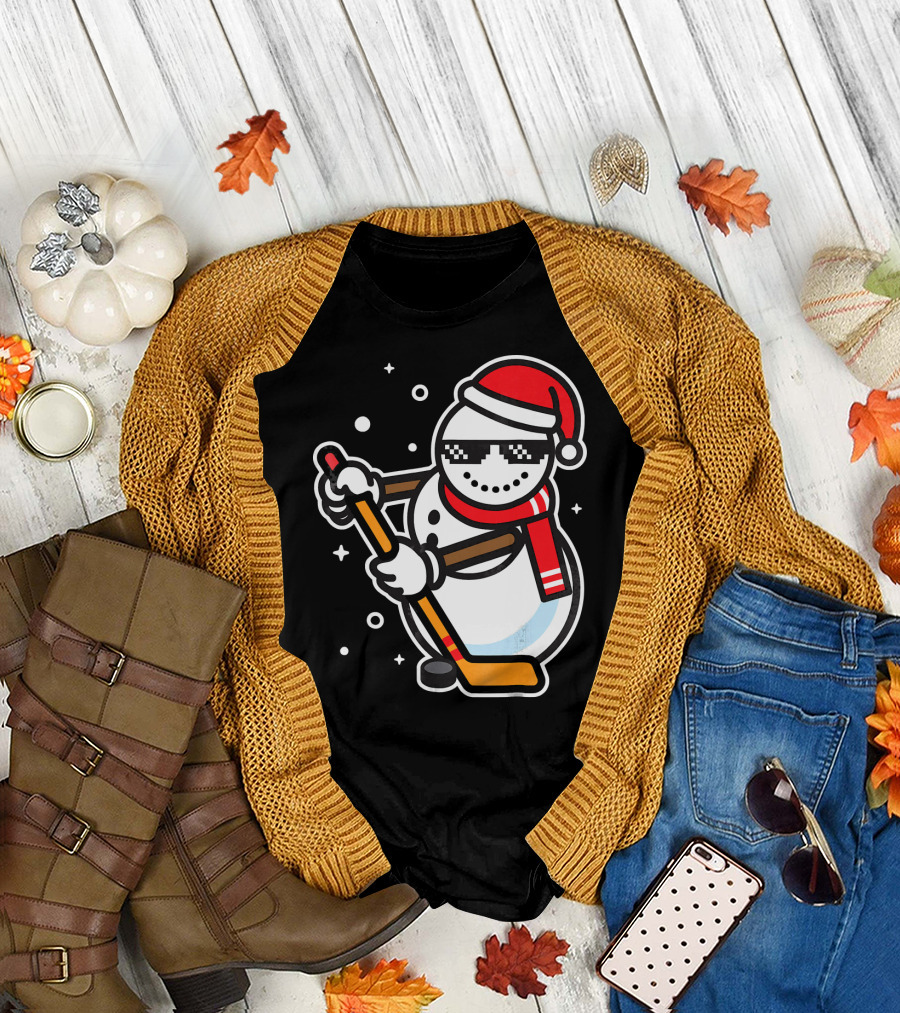 Ice Hockey Player Snowman Funny Boy Cool Nerd Santa T-Shirt
