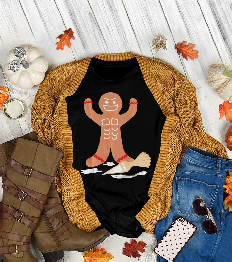 Christmas Gingerbread Muscle Man with Icing Power T-Shirt