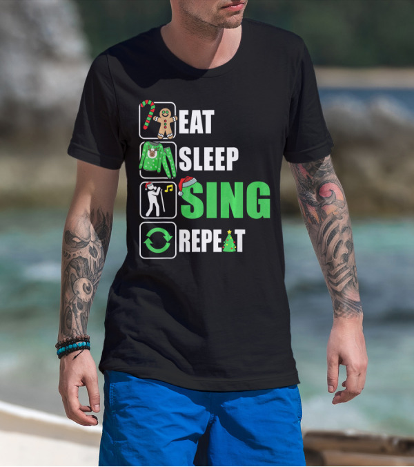 Eat Sleep Sing Repeat Christmas Sweater Singer Candy Cane Gingerbread Music Tree T-Shirt
