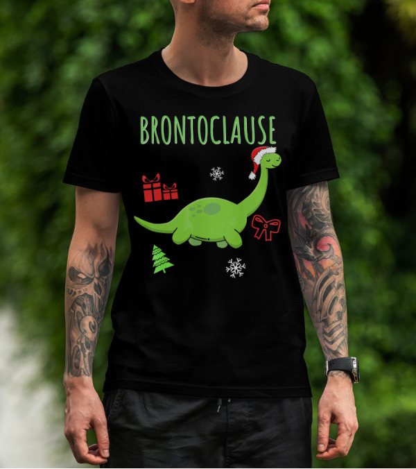 Brontoclause Christmas Dinosaur With Santa Hat And Holiday Gifts T-Shirt