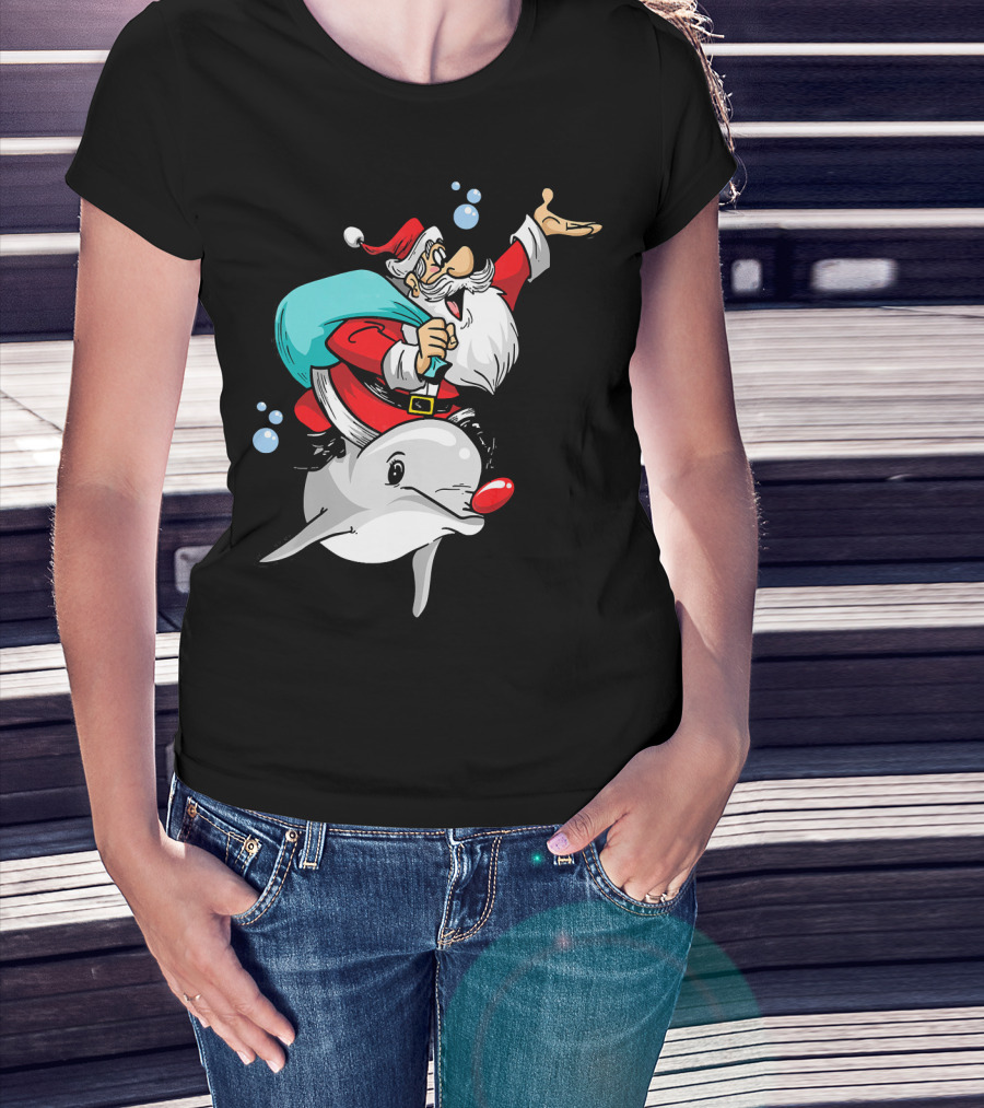 Christmas In July Santa Riding A Rudolph-Nosed Dolphin T-Shirt