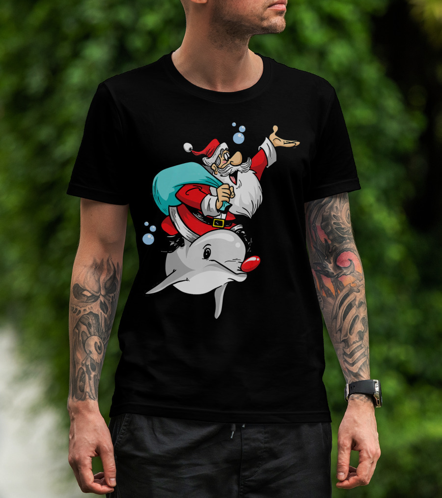 Christmas In July Santa Riding A Rudolph-Nosed Dolphin T-Shirt