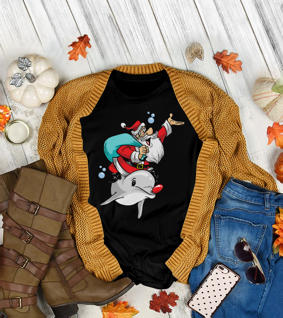 Christmas In July Santa Riding A Rudolph-Nosed Dolphin T-Shirt