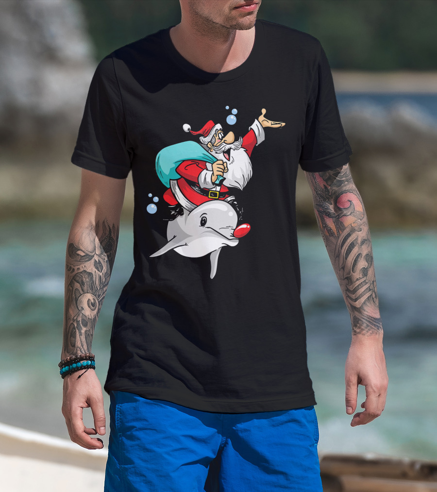 Christmas In July Santa Riding A Rudolph-Nosed Dolphin T-Shirt