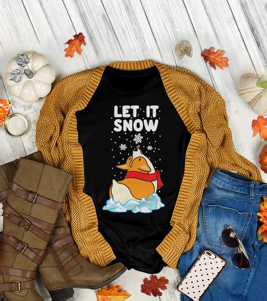 Let It Snow Corgi with Red Scarf in Snowfall T-Shirt