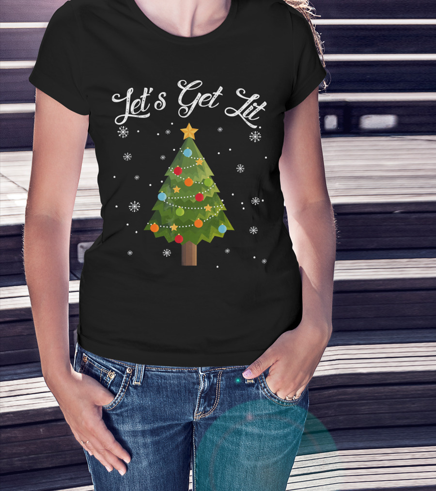 Let's Get Lit Christmas Tree Funny Drink Snowflakes T-Shirt