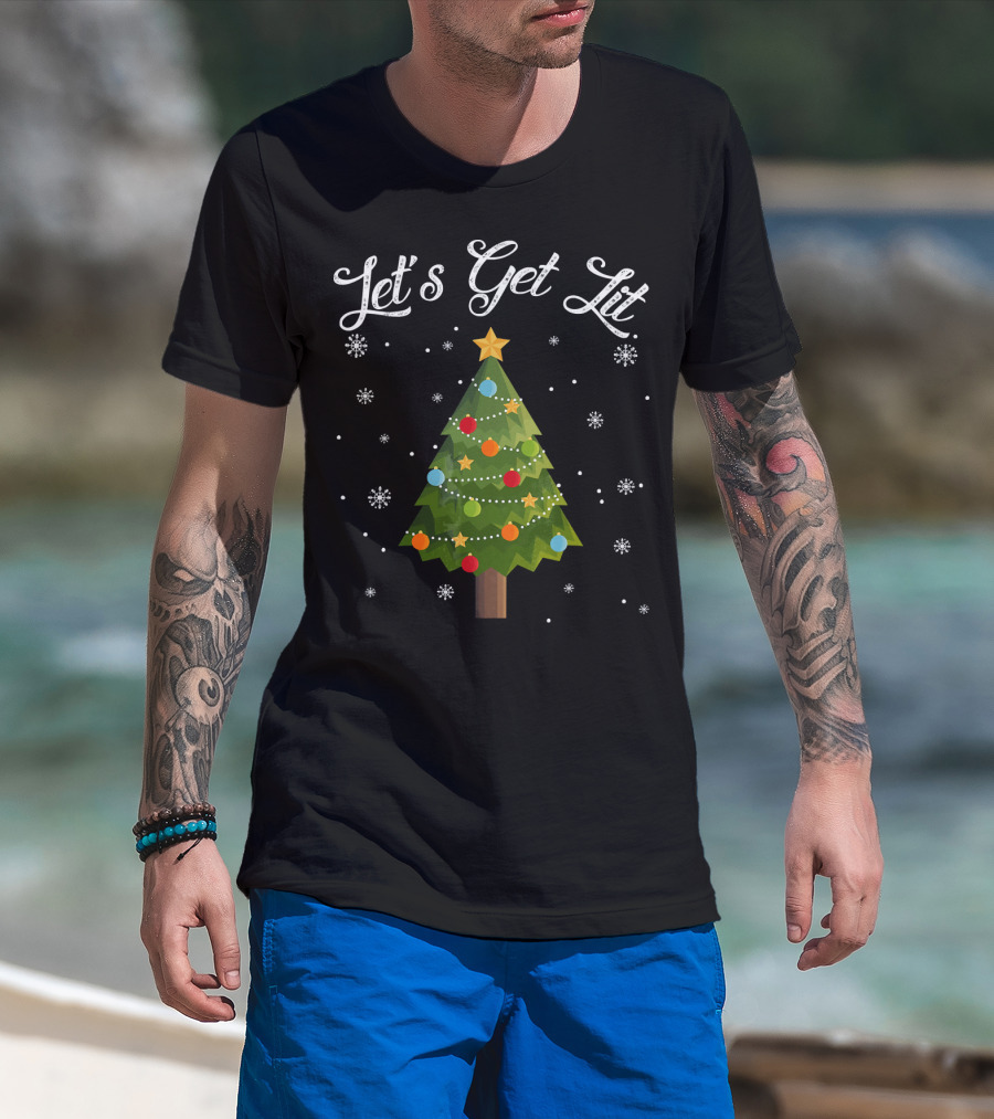 Let's Get Lit Christmas Tree Funny Drink Snowflakes T-Shirt
