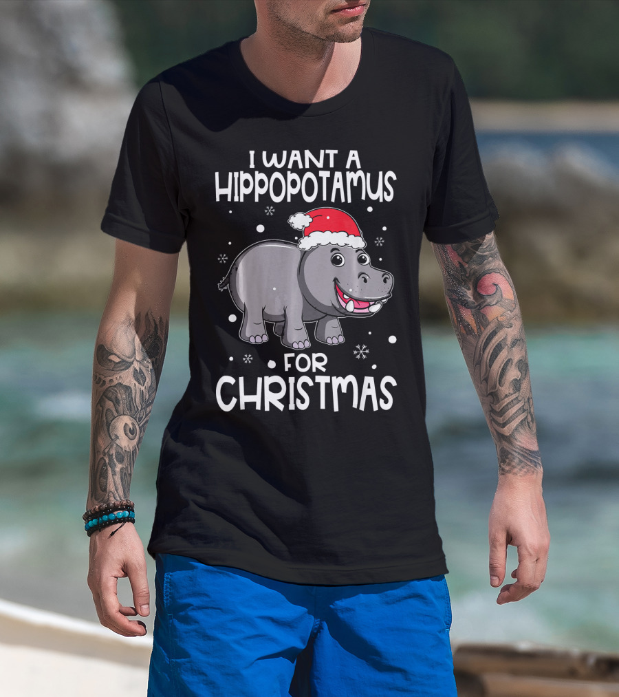 I Want A Hippopotamus For Christmas Santa Hat Snowflakes T-Shirt