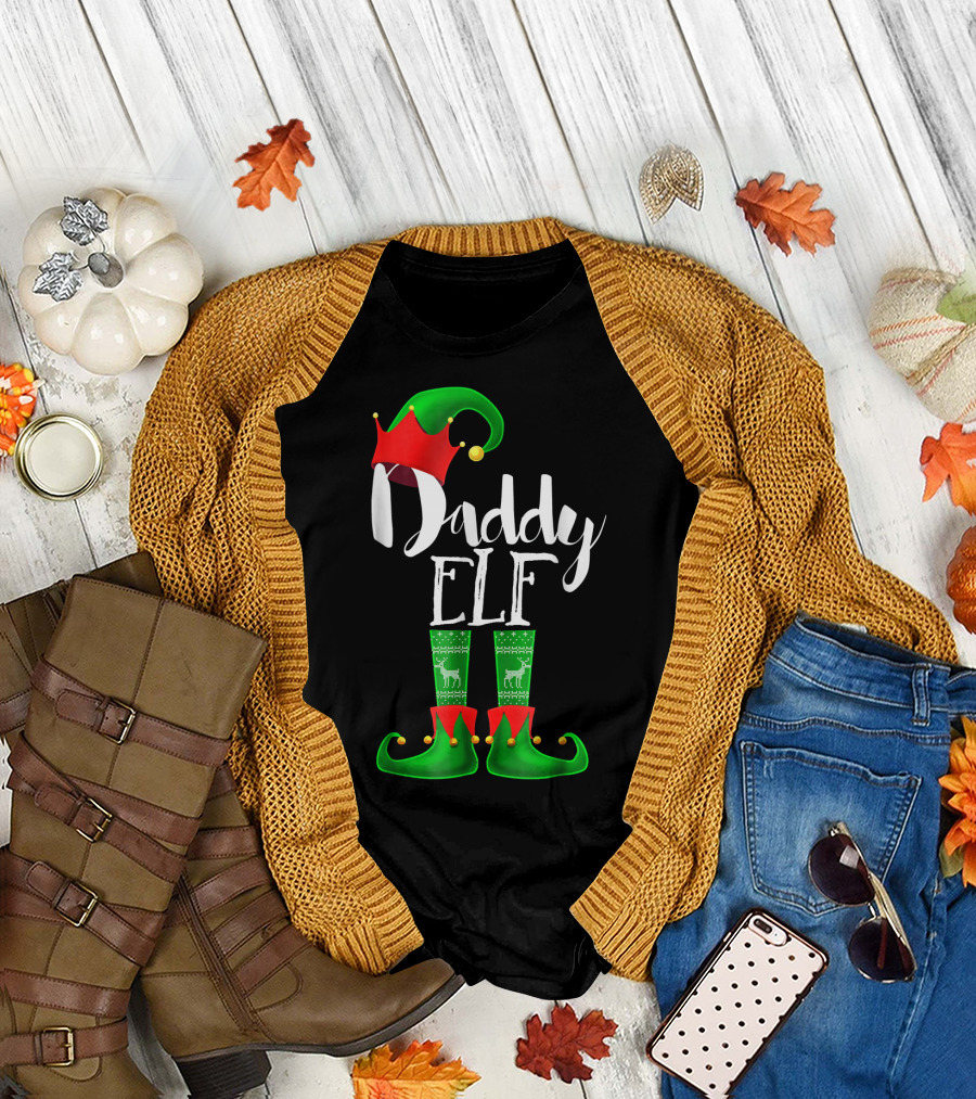 Daddy Elf Christmas Hat and Boots with Festive Green Socks T-Shirt